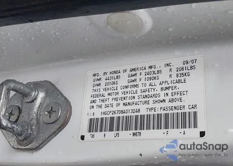 2008 Honda Accord 2.4 Ex из США, поврежденный, VIN 1HGCP26708A013248